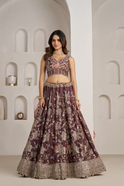 Mauve Crepe Silk Floral Sequins Embroidered Lehenga