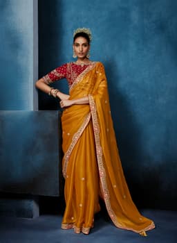 Mustard Yellow Fancy Saree with Wine Embroidered Designer Blouse