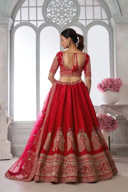 Royal Red Silk Peacock Embroidered Wedding Bridal Lehenga