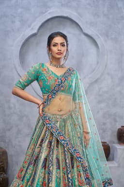 Sea Green Peacock Banarasi Silk Bridal Lehenga