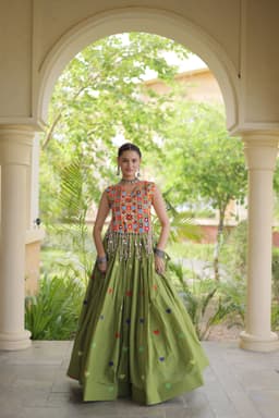 Olive Green Heart Lehenga for Garba & Navratri