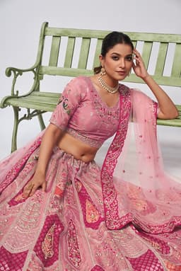 Pink Banarasi Silk Wedding Lehenga With Paisley Motifs