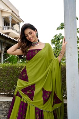 Olive Green Printed Lehenga for Navratri & Garba Nights