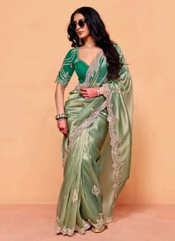 Sage Green Organza Heavy Sequins Embroidered Wedding Saree