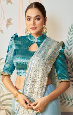 Sky Blue Swarovski Satin Silk Party Wear Saree