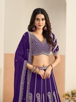 Royal Purple Faux Georgette Heavy Embroidered Bridal Lehenga