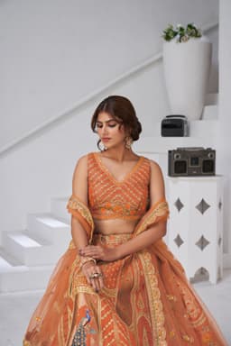 Rust Orange Raw Silk Peacock Motif Wedding Lehenga