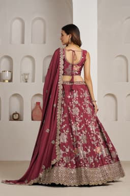 Maroon Crepe Silk Floral Sequins Embroidered Lehenga