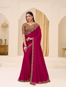 Magenta Satin Georgette Embroidered Party Saree