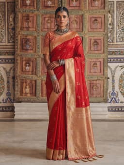 Red Soft Silk Saree with Gold Woven Border
