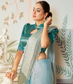 Sky Blue Swarovski Satin Silk Party Wear Saree