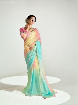 Pastel Pink Aqua Organza Saree for Party Wear