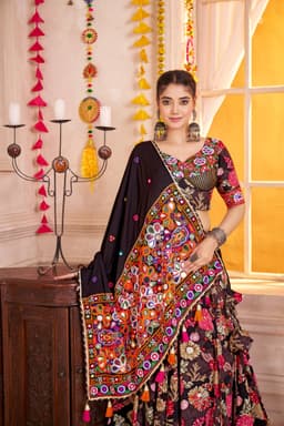 Black Floral Printed Kutchi Patch Mirror Work Navratri Lehenga