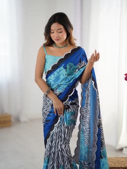 Indigo Blue Floral Printed Chinon Saree with Mirror Work