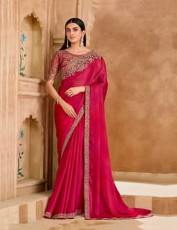Hot Pink Satin Chiffon Embroidered Wedding Saree