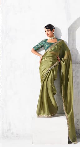 Olive Green Designer Organza Saree for Wedding & Festive Wear