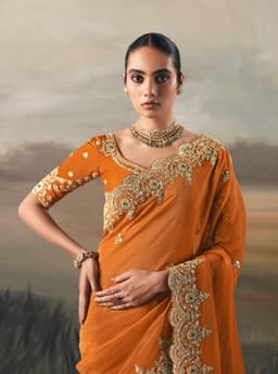 Burnt Orange Tissue Zari Embroidered Bridal Saree