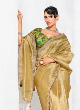Champagne Gold Designer Organza Saree for Wedding Wear