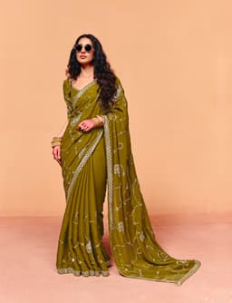 Olive Green Organza Satin Heavy Sequins Mehndi Saree