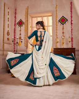 Teal White Viscose Cotton Navratri Lehenga