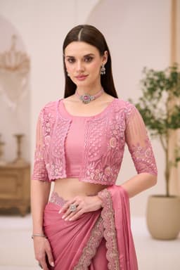 Dusty Rose Satin Silk Jacket Work Wedding Saree