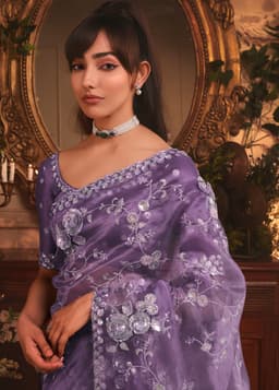 Lavender Organza Saree with Floral Embroidery Work