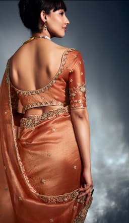 Luxury Peach Bridal Reception Saree in Tissue Organza