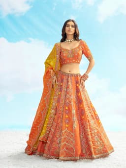 Orange Floral Embroidered Lehenga for Mehendi & Sangeet