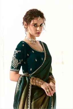 Emerald Green Organza Tissue Party Wear Designer Saree