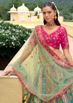 Luxury Sea Green Silk Bridal Lehenga Choli Close Up