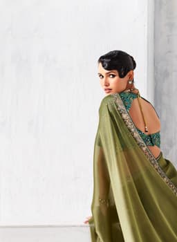 Olive Green Designer Organza Saree for Wedding & Festive Wear