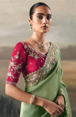 Sage Green Tissue Zari Handcrafted Embroidered Saree