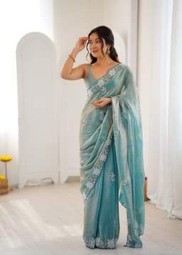 Sky Blue Festive Wear Fendy Satin Sequence Saree