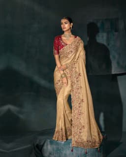 Cream Ziraf Bridal Wear Designer Saree