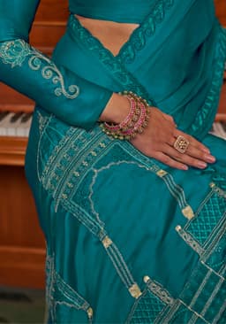 Teal Satin Chiffon Saree with Mandir Embroidery