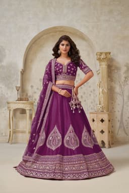 Luxury Wine Purple Silk Bridal Lehenga with Zari Work