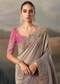 Mauve Grey Tissue Zari Handcrafted Embroidered Saree