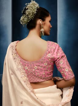 Ivory Fancy Saree with Pink Embroidered Designer Blouse
