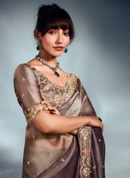 Luxury Taupe Tissue Organza Saree for Reception Wear