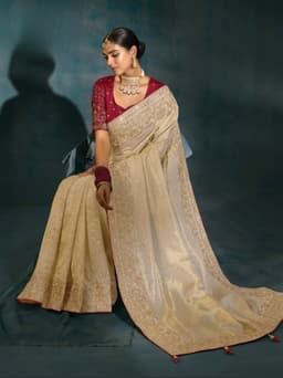 Cream Ziraf Silk Bridal Saree