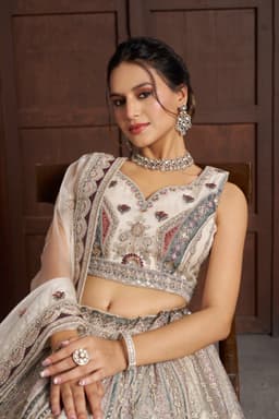 Ivory White Net Floral Embroidered Wedding Bridal Lehenga
