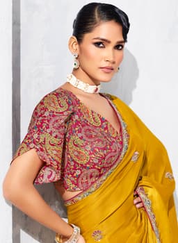 Mustard Yellow Designer Organza Saree for Wedding & Festive Wear