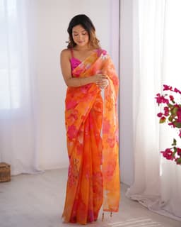 Sunset Orange Floral Organza Printed Saree