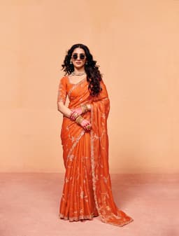 Burnt Orange Organza Satin Silk Heavy Sequins Party Saree