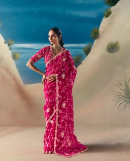 Hot Pink Mehendi & Haldi Wear Satin Organza Saree