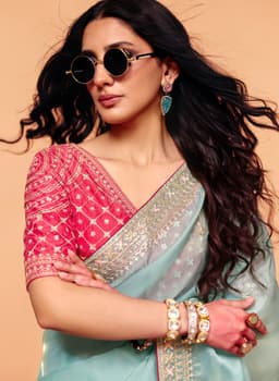 Powder Blue Organza Heavy Sequins Embroidered Wedding Saree