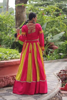 Hot Pink Yellow Gamthi Lehenga | Mirror Lace Garba Wear