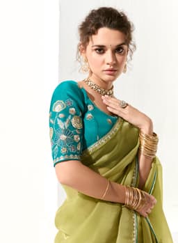 Pistachio Green Organza Tissue Party Wear Saree