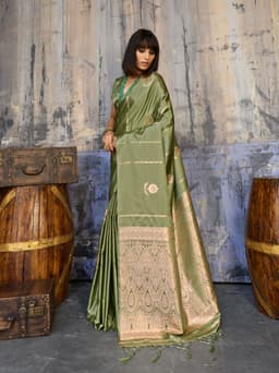 Olive Green Saree with Antique Gold Woven Pallu