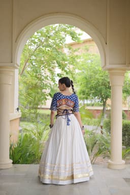 Navratri Chaniya Choli Online | White Kora Cotton Lehenga with Blue Bandhej Blouse